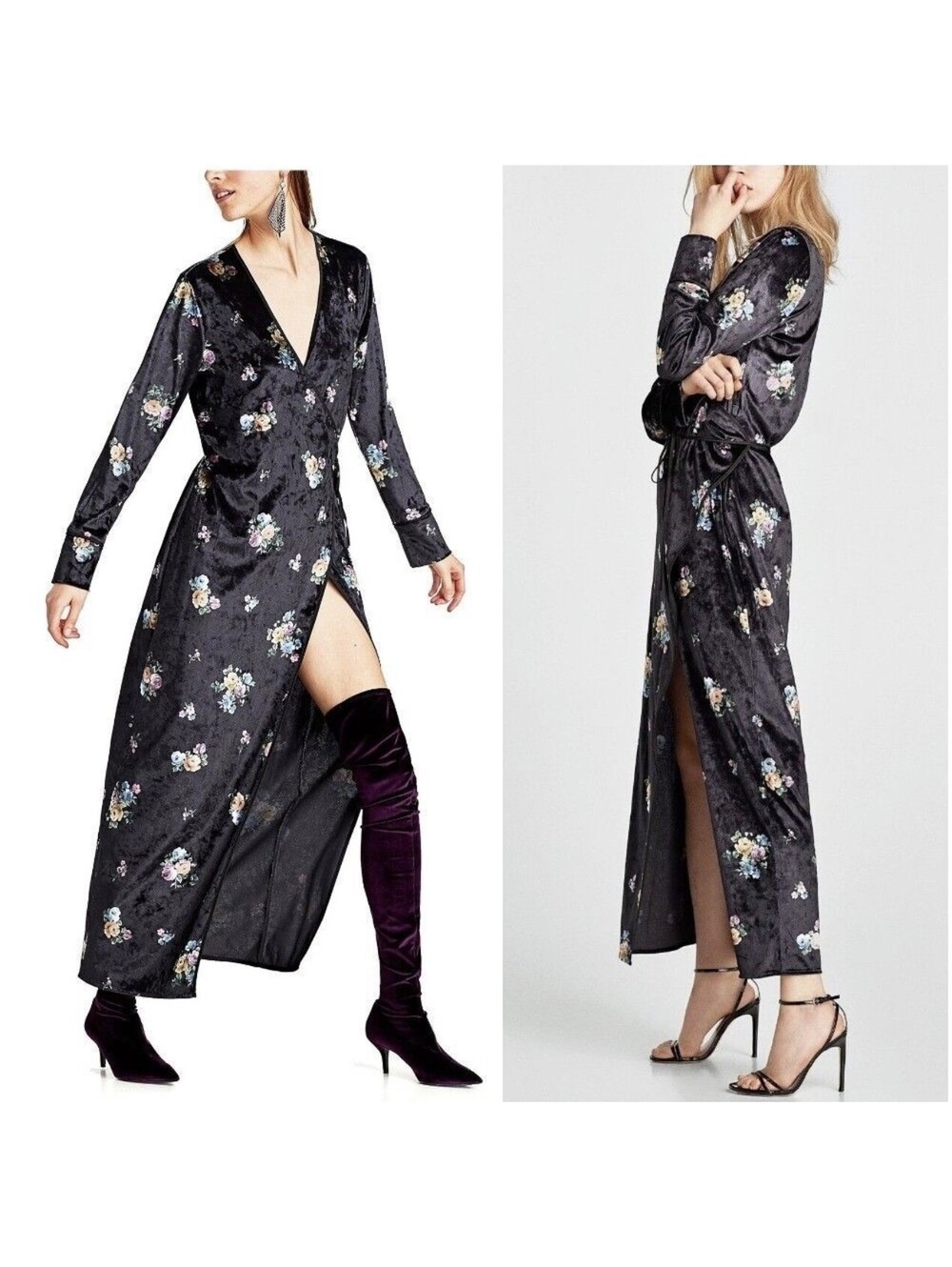 Zara Accessories Floral Velvet Wrap Maxi Dress Size S, New